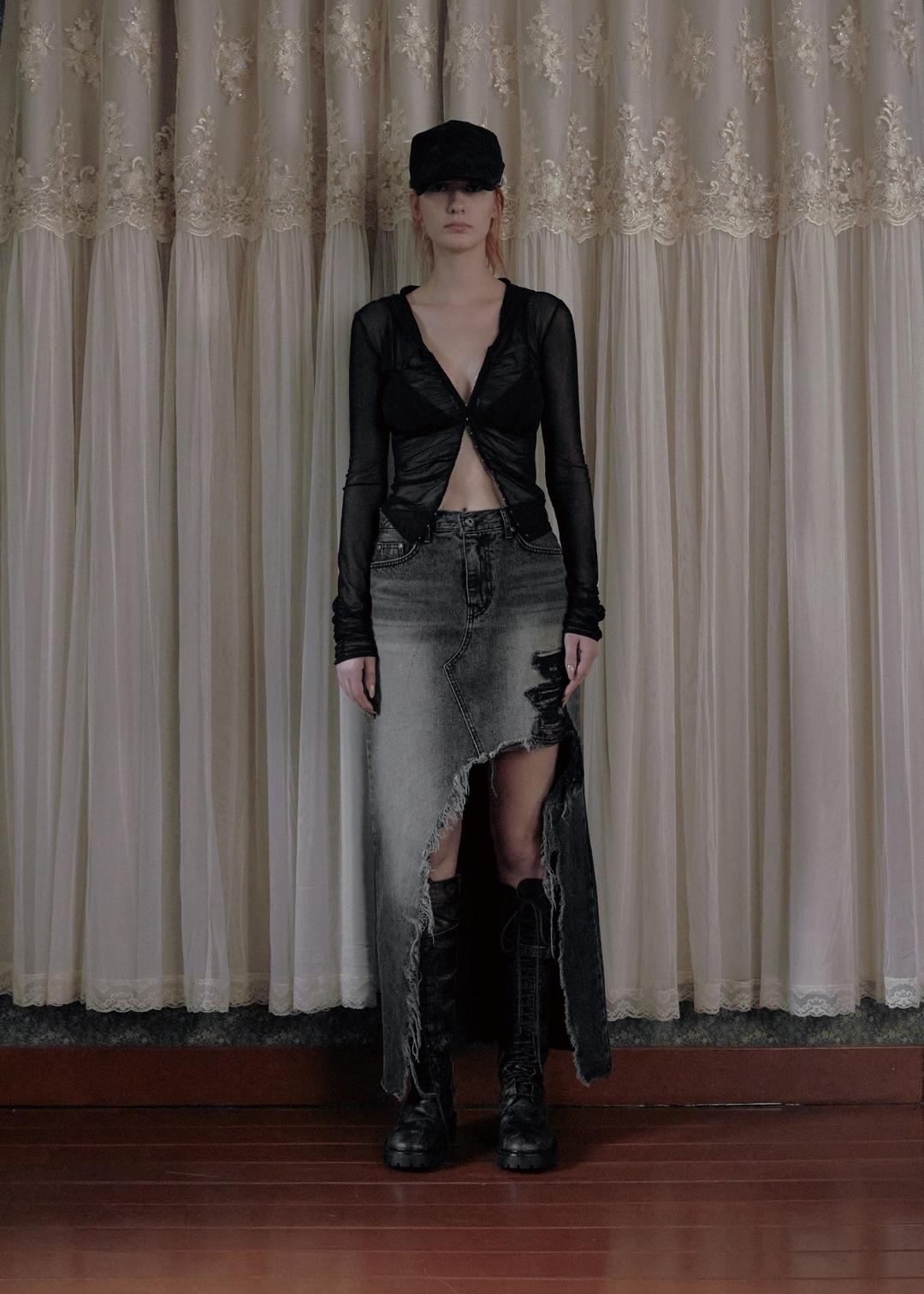 DESTROYED DENIM LONG SKIRT, GRAY