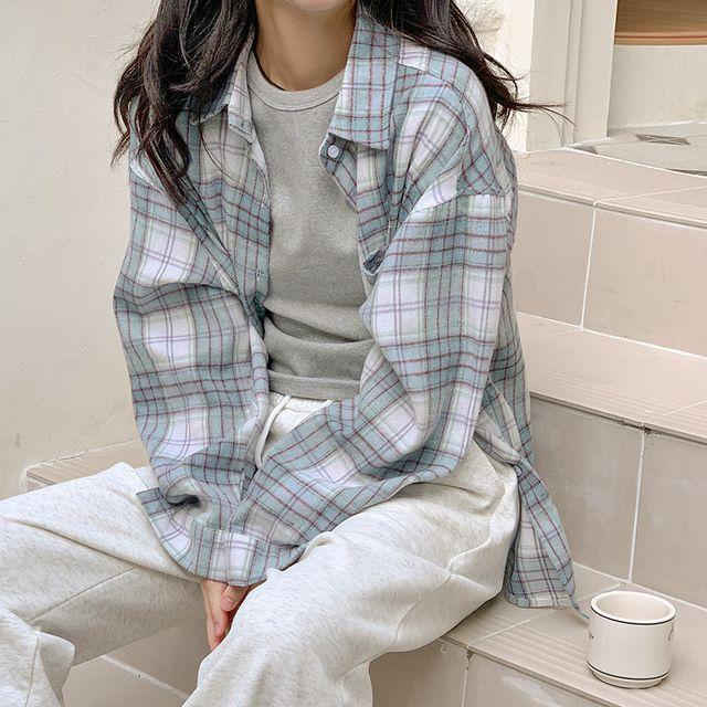 기모체크 오버핏 박시셔츠 겨울남방 패턴셔츠 여자 캐주얼셔츠