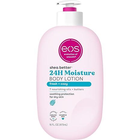 eos Shea Better 바디 로션, 프레시 & 코지, 24시간 모이스처 스킨 케어, 경량 및 기름지지 않음, 천연 시어, 비건, 473.2ml(16온스)