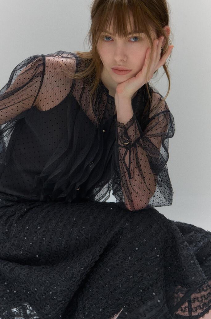 [LANVIN COLLECTION] 도트 레이스 프릴 블라우스