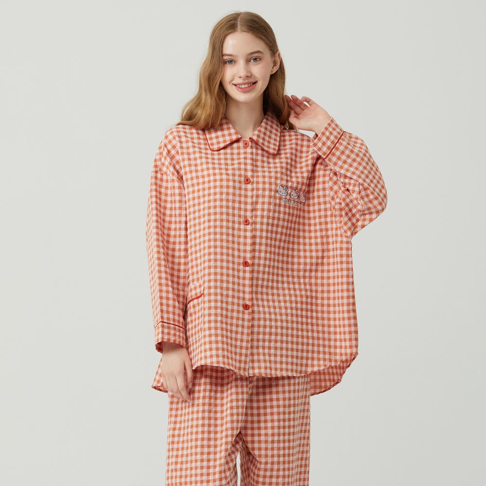 헬로키티 긴팔잠옷 오렌지체크 오버핏 여자파자마세트 산리오 실베스키티 여성페어