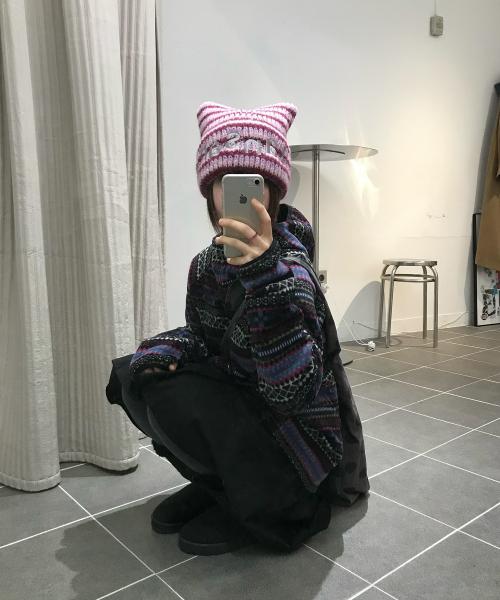 로고 캣 비니 핑크 스트라이프