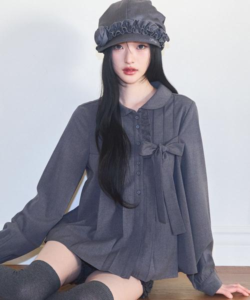 리본 플리츠 블라우스 그레이