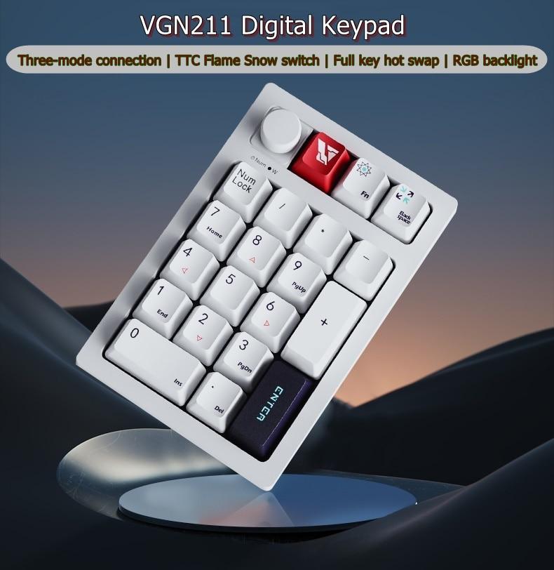 VGN 211 핫 스왑 가능 블루투스 무선, 2.4G 무선, 유선 3 가지 모드, 맞춤형 21 키, 기계식 숫자 키패드, RGB 조명