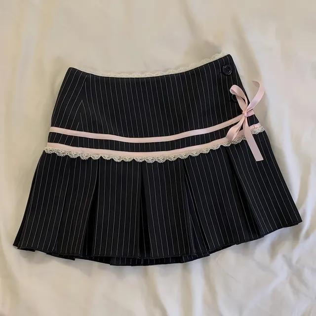 [당일출고/핏보장🎀/S-L] 프릴 리본 레이스 스트라이프 하이웨스트 미니 스커트