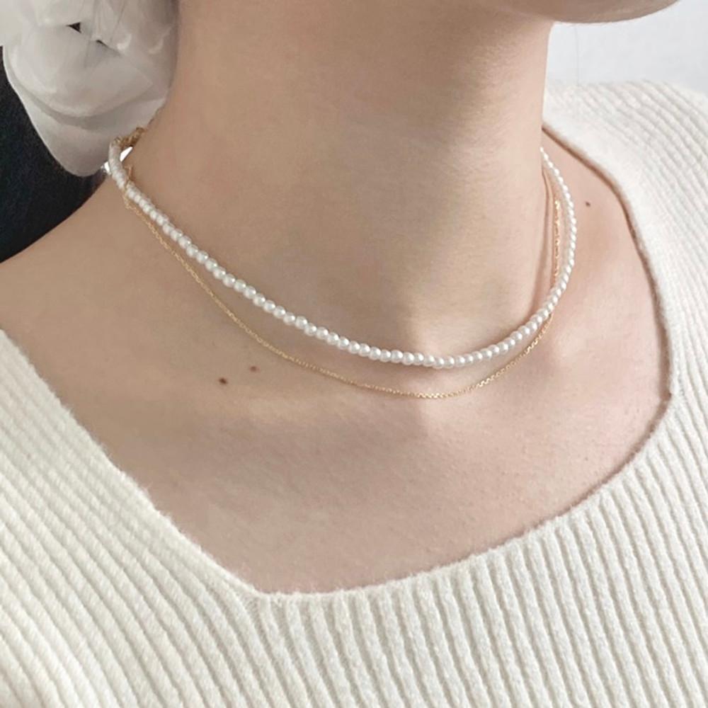 [무배/두줄] 데일리 레이어드 미니 3mm 진주 얇은 골드써지컬 체인 목걸이