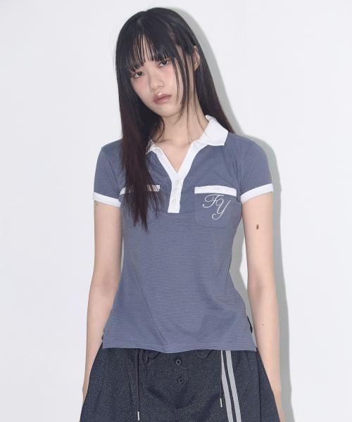 스트라이프 버튼 카라 티 (BLUE) F25QB109