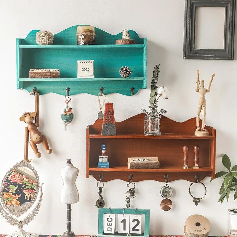 아메리칸 베란다 크리에이티브 후크 키 랙 문짝 행잉 랙, 옷 후크 레트로 나무 보관함, 벽 선반