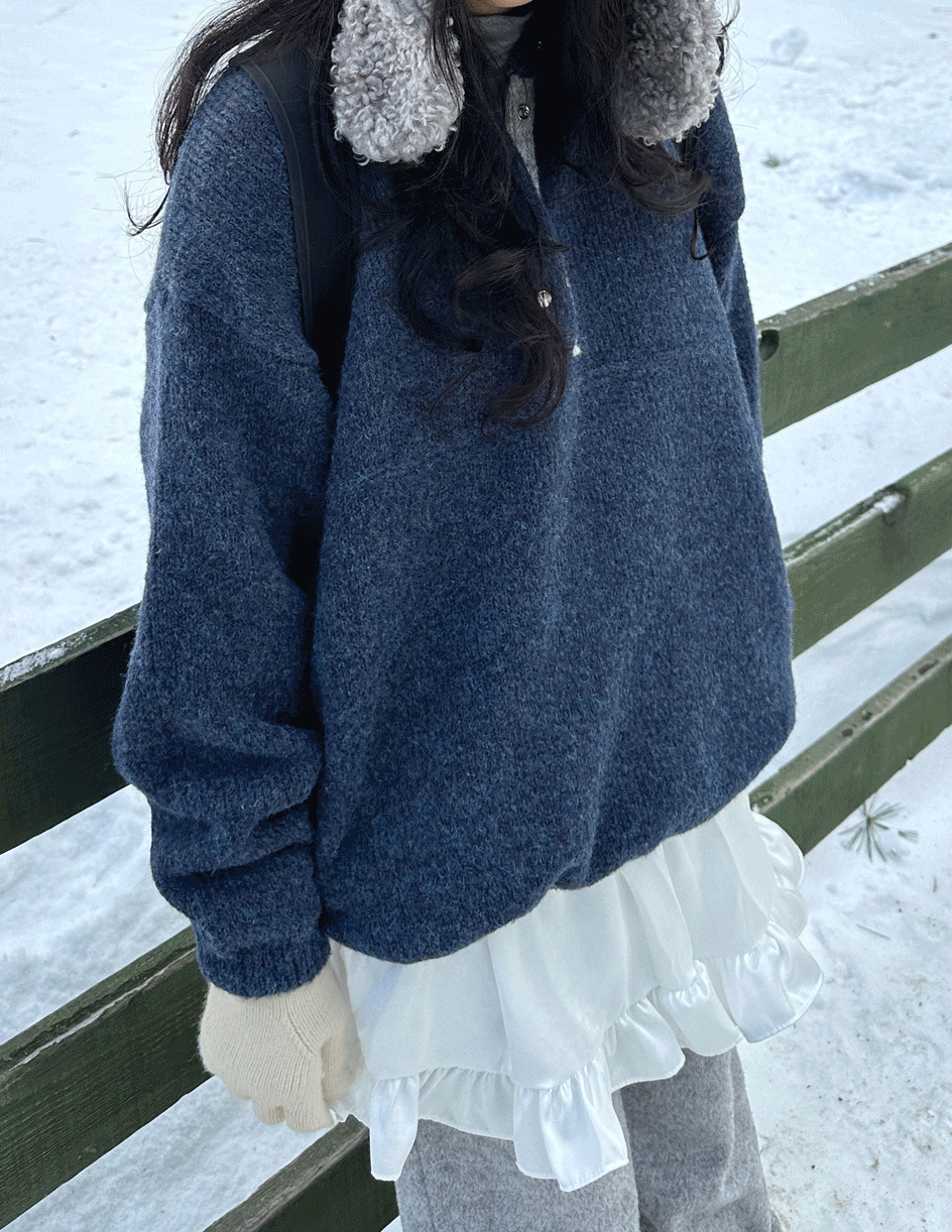 recycle half button knit