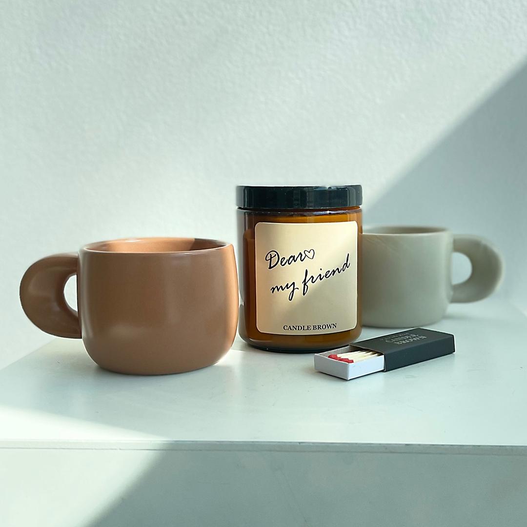 [단독] 생일/집들이선물 우드심지 브라운 소이캔들+벌룬 머그컵 2p 선물세트