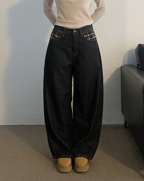 체크 울 기모 와이드 논페이드 데님