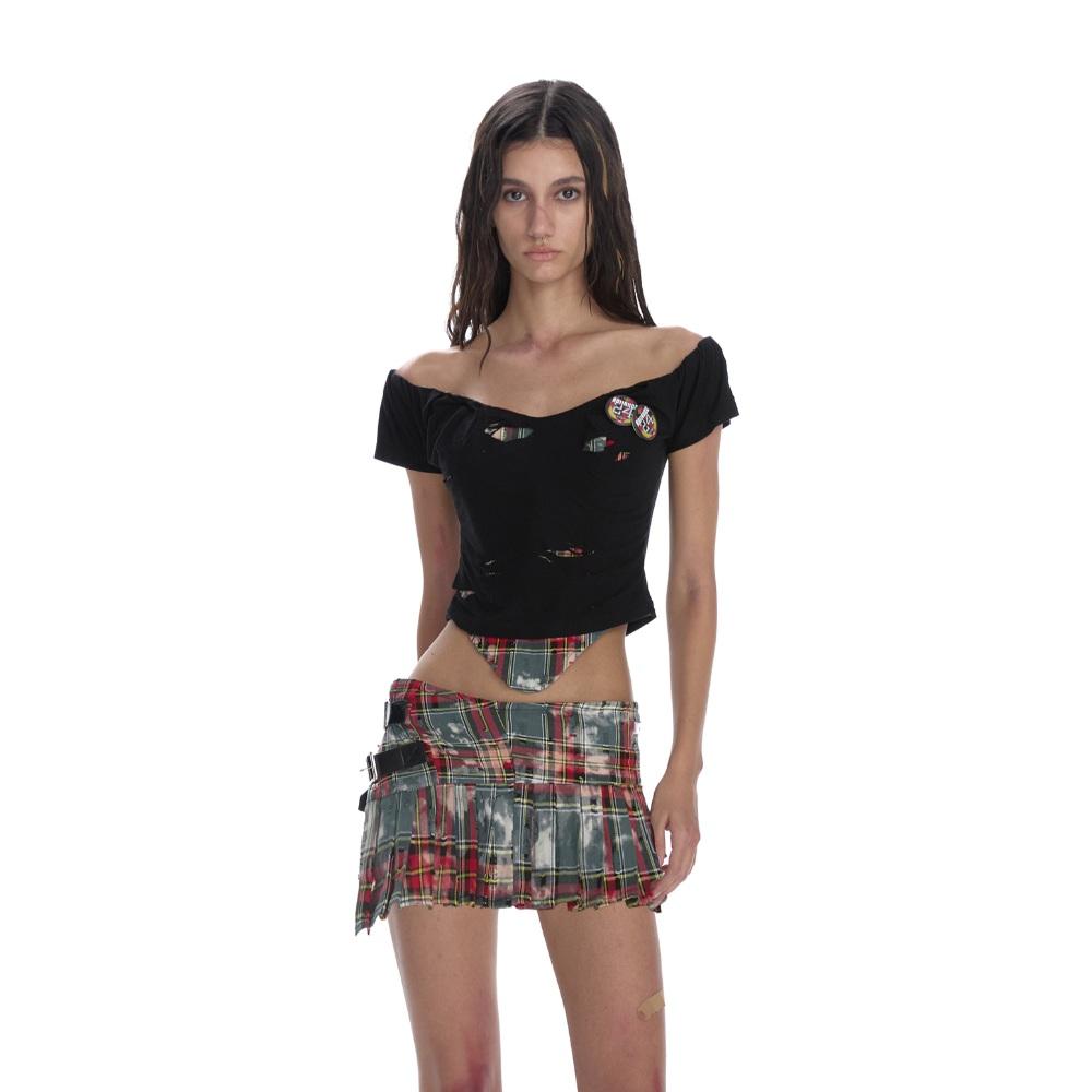 24ans 투피스 오프숄더 크롭 티셔츠 체크 스커트 셋업