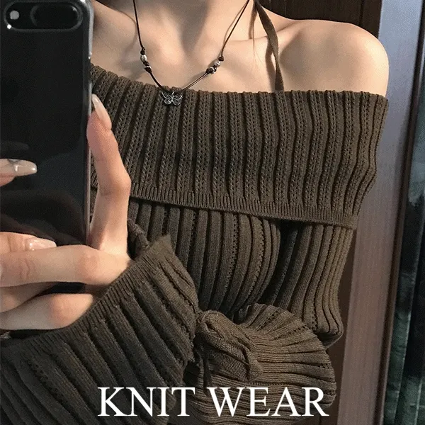 유키 오프숄더 홀터 니트