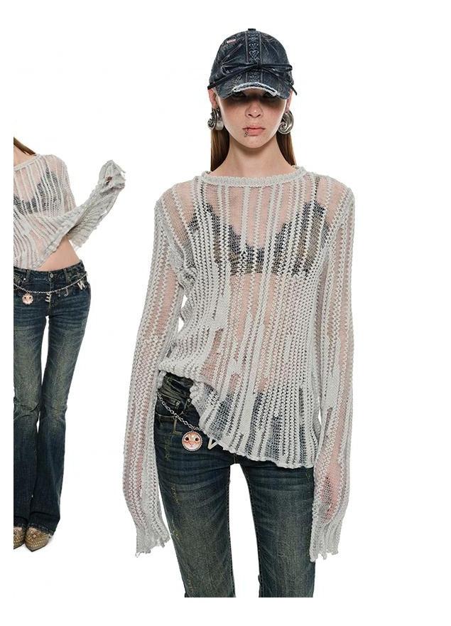 여성용 루즈핏 크로셰 니트 스웨터, 긴팔 라운드넥 탑스웨터