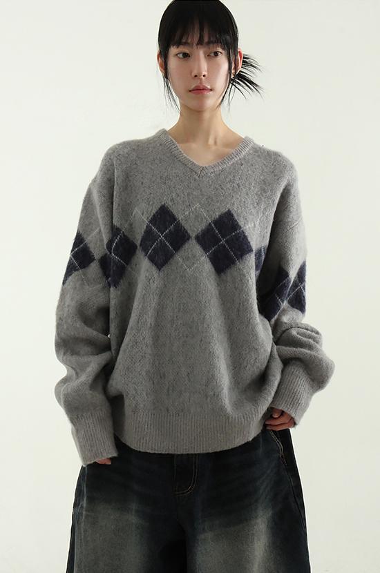 로컬맨션 argyle pattern V neck knit (unisex)