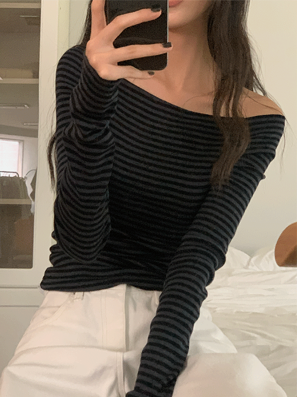 나이니 [후기보장/승모근커버/누적1만장🏆] 멜버른 단가라 스트라이프 오프숄더 티셔츠(반팔/긴팔/하객룩/청순/심플/베이직/기본)