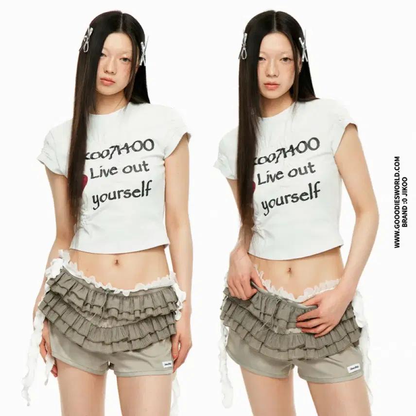 JIKOO 티셔츠 레터링 프린트 반팔티 플리츠 라운드넥 숏탑