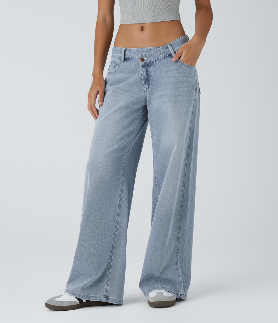 Halara Flex™ 비대칭 로우웨이스트 버튼 지퍼 멀티플 포켓 와이드 워시드 스트레치 니트 캐주얼 청바지