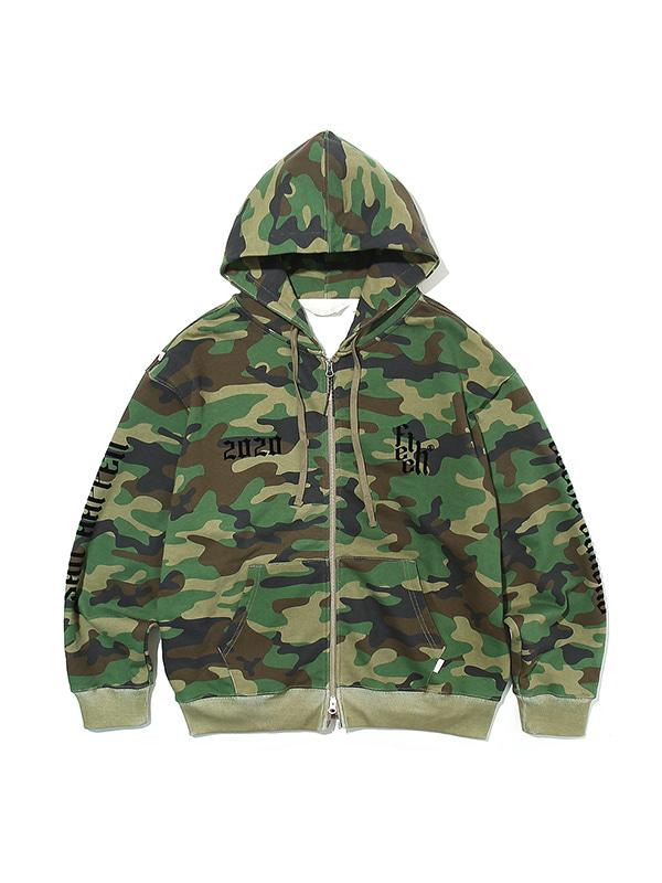FLOCKED ZIP UP HOODED SWEATSHIRT WOODLAND CAMO