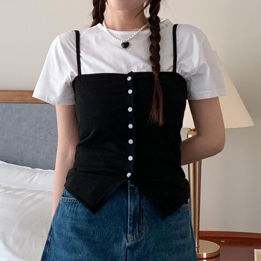 [화이트/블랙 당일발송] 밑단트임 버튼 끈나시