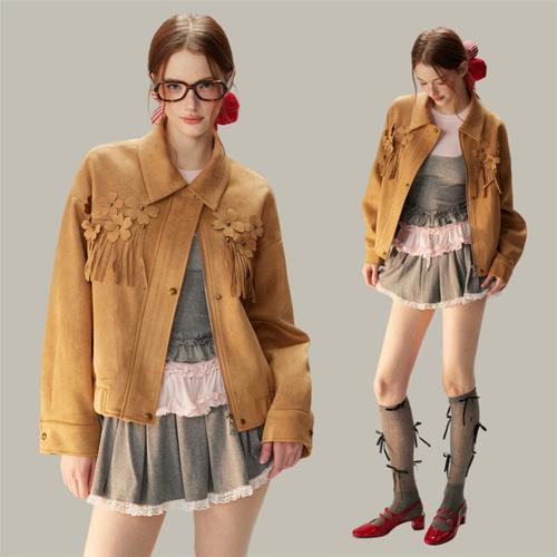 [3색] 레이저컷 플라워 프린지 비즈 버튼 지퍼 자켓