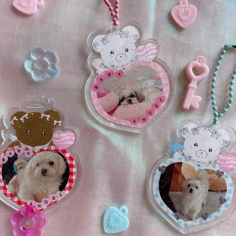 [ Sugar coated love ] ! custom ! angel bear 글리터 아크릴 프레임 키링