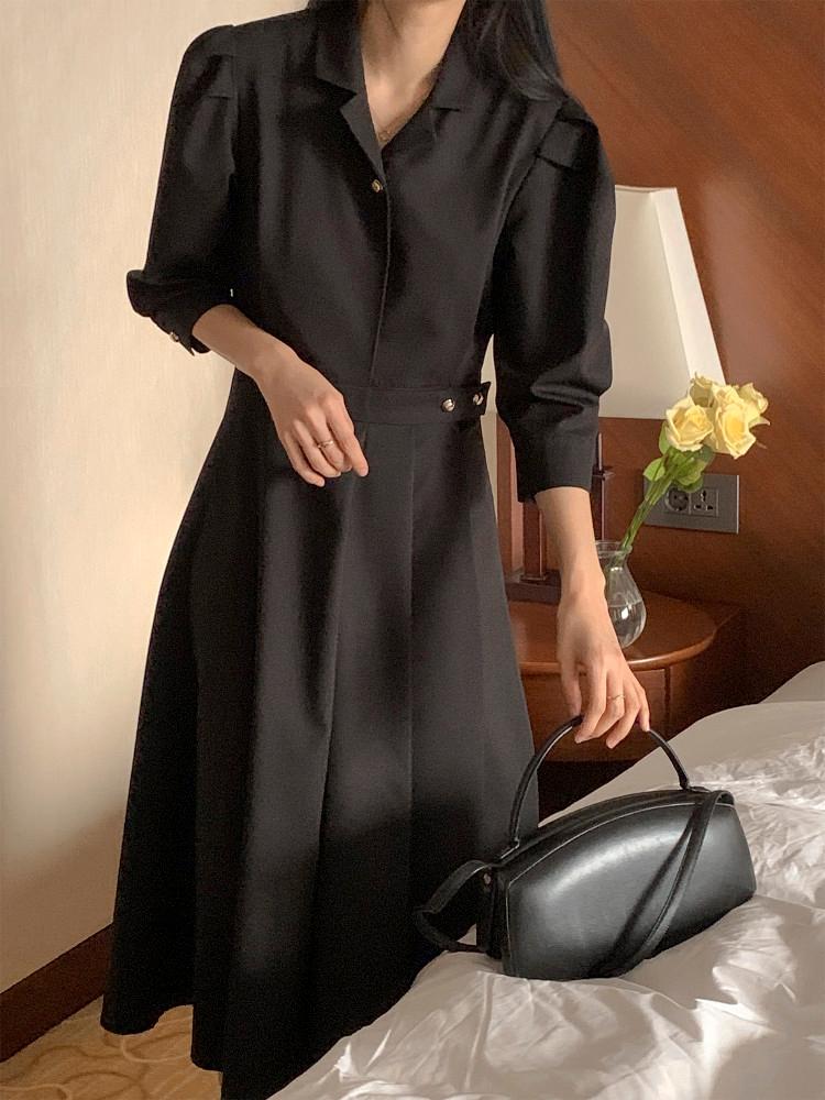 (하객룩) 골드버튼 퍼프 원피스 (베이지,블랙)