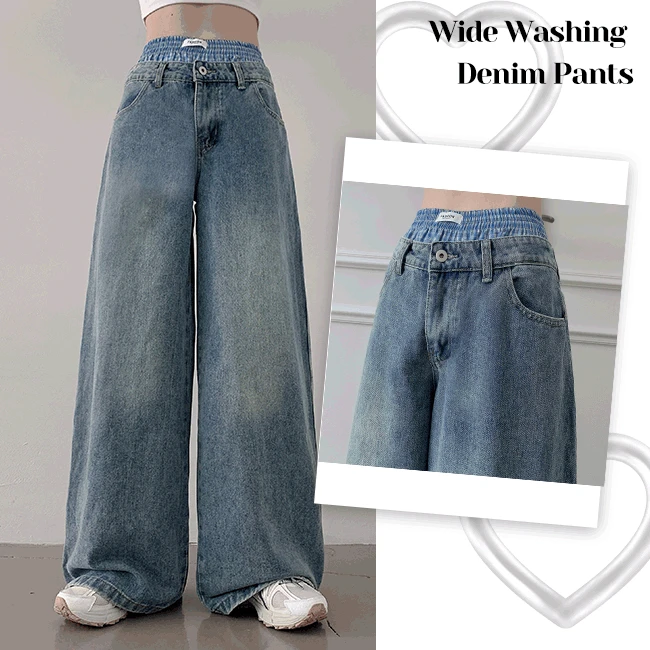 [유니크힙!/빈티지무드/y2k] 덤피 체크 트렁크 레이어드 와이드 워싱 데님 팬츠