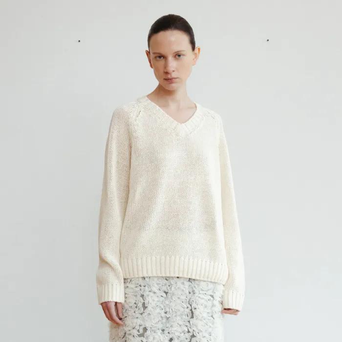 Paper v neck knit (ivory / dark gray / light pink / brown)