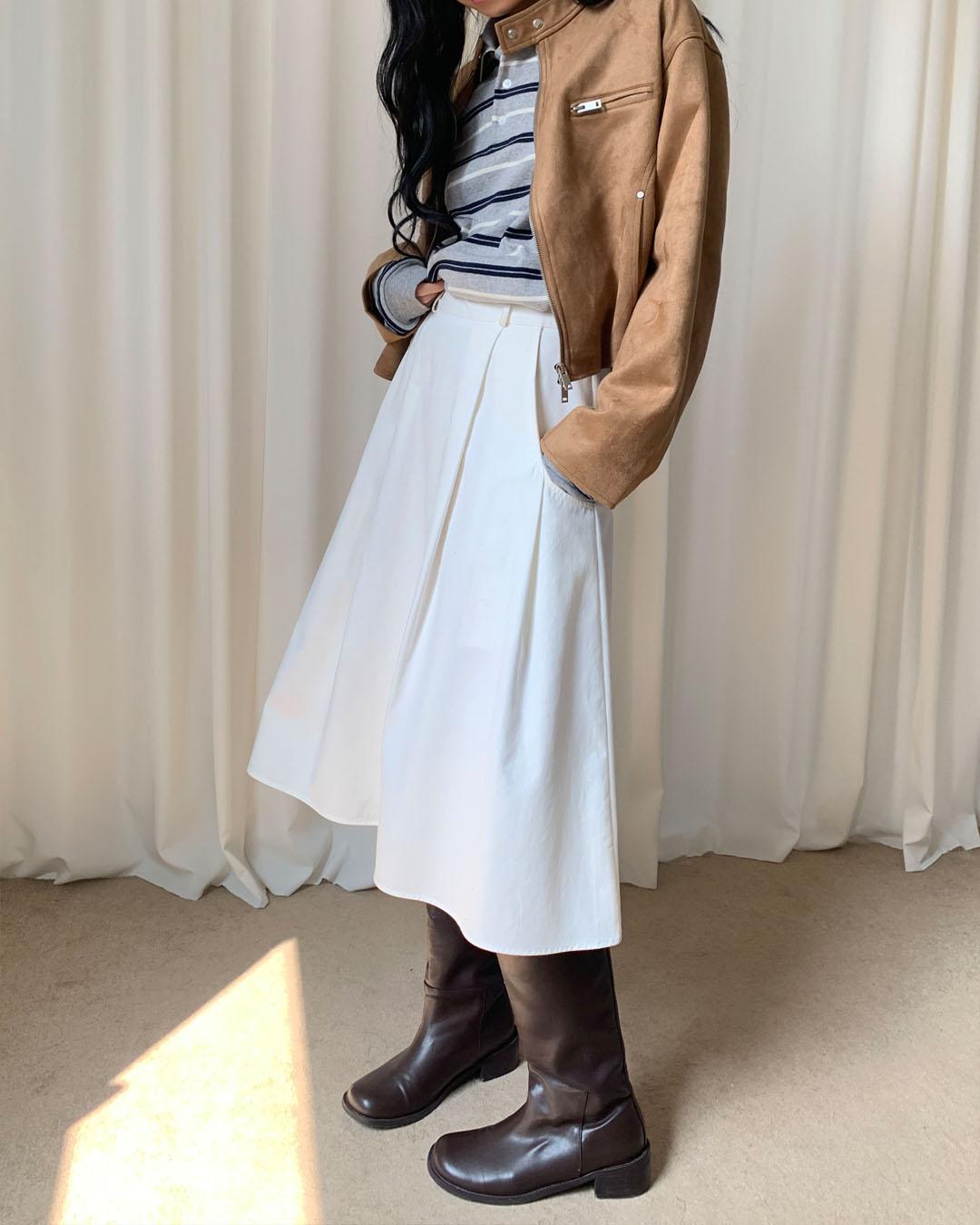 포켓 핀턱 플레어 롱 스커트