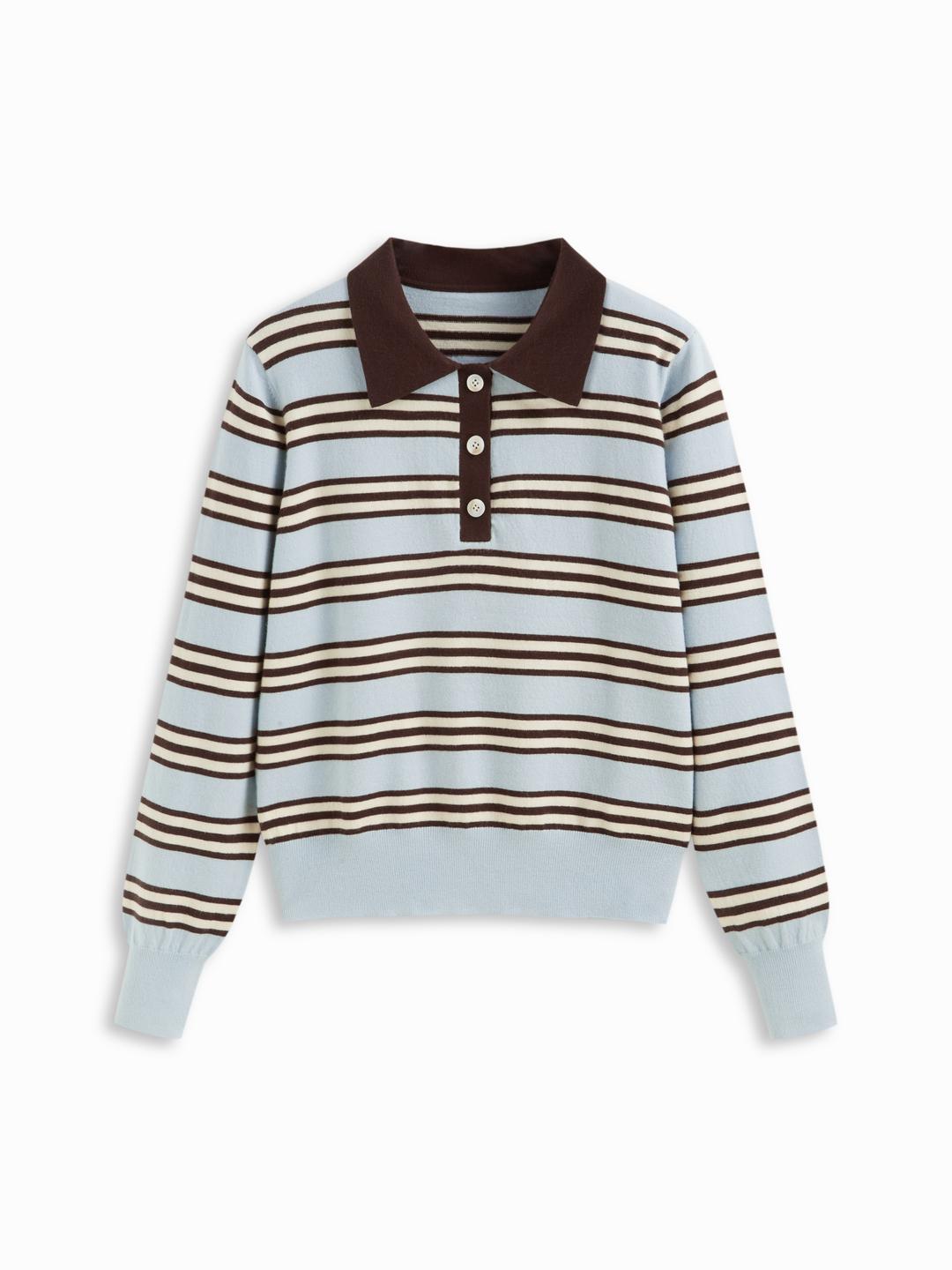 Knit Striped Polo Neck Long Sleeve Oversized Top