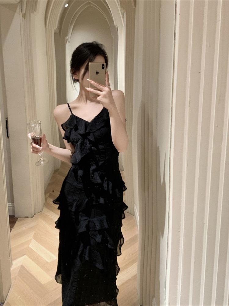 스팽글 브이넥 프릴 끈나시 원피스 쉬폰원피스