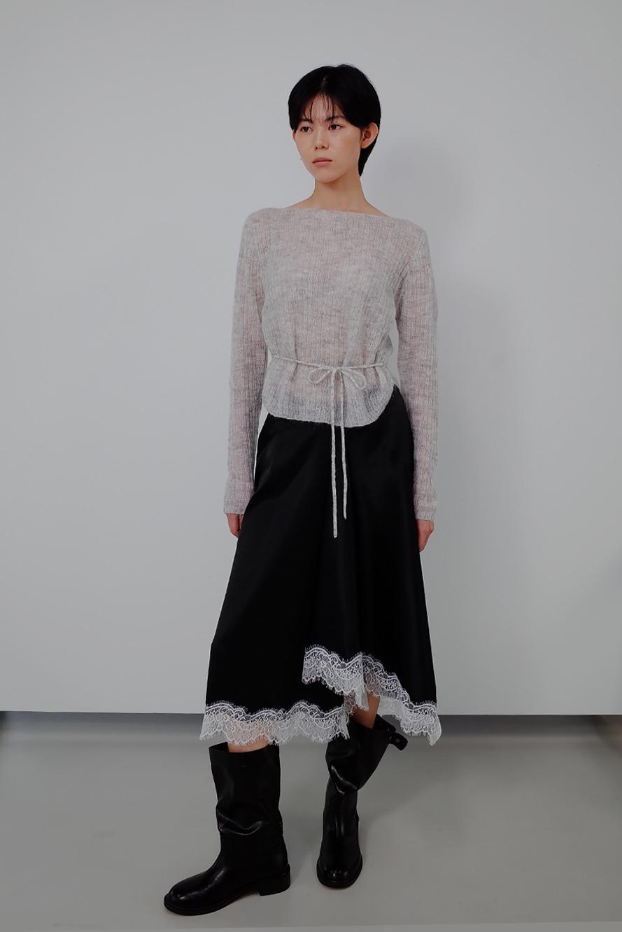 Asymmetrical Satin Lace Skirt_Black