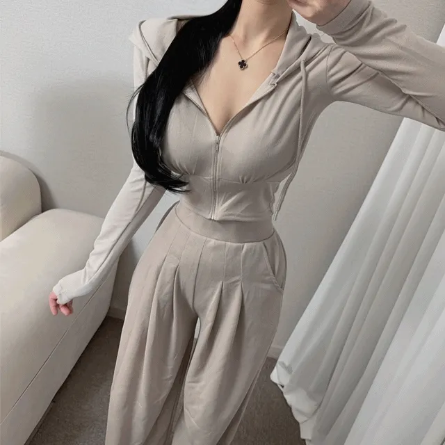 *최저가*[세트가격]허리 쏙 크롭 후드집업 와이드 팬츠 트레이닝세트 투피스 셋업