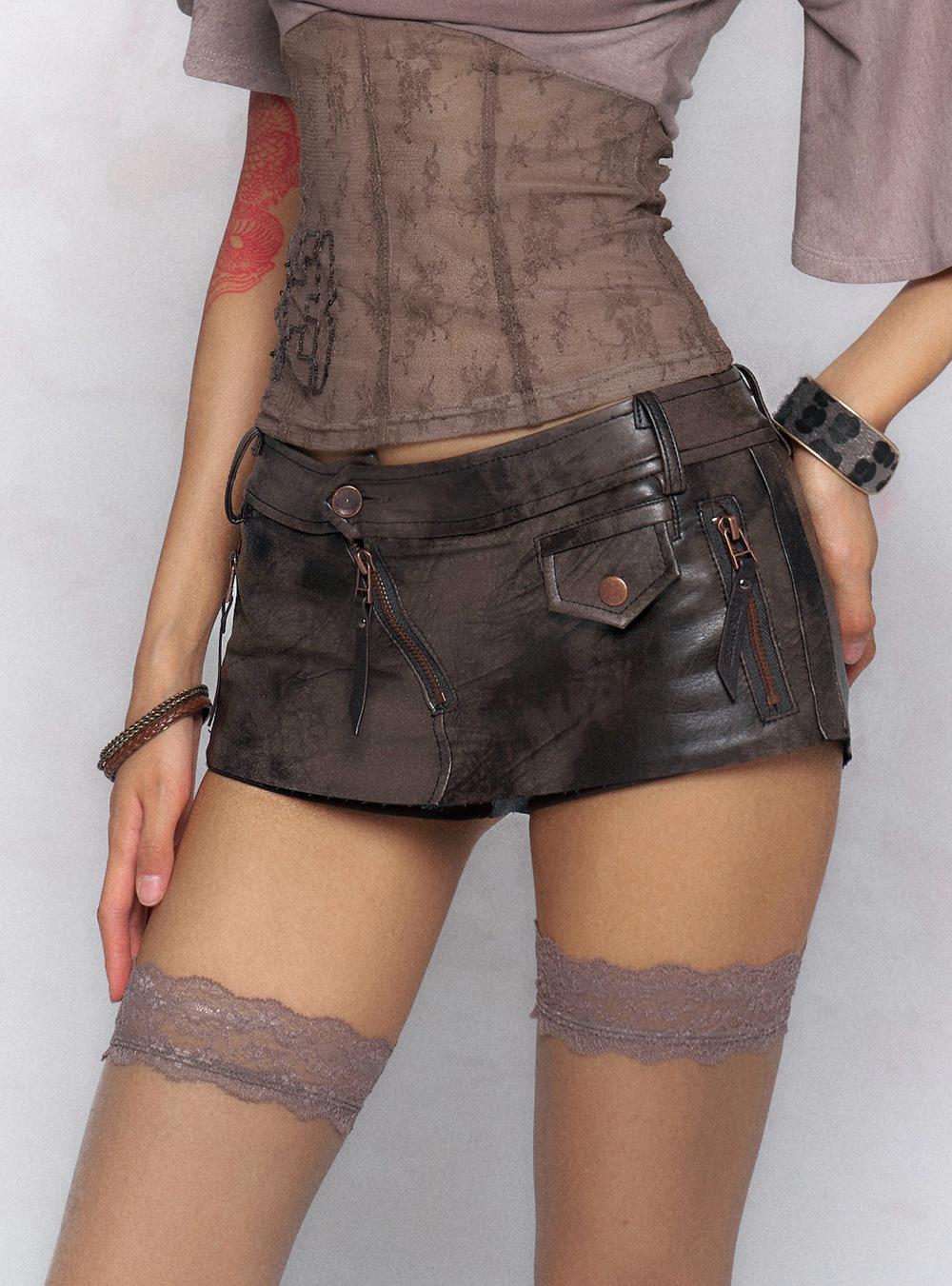 Two-Tone Leather Mini Skirt Pants (2color)