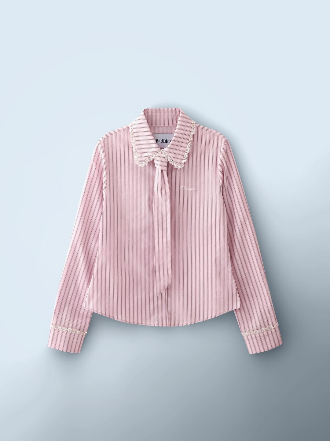 Stripe Lace Tie Shirt Pink