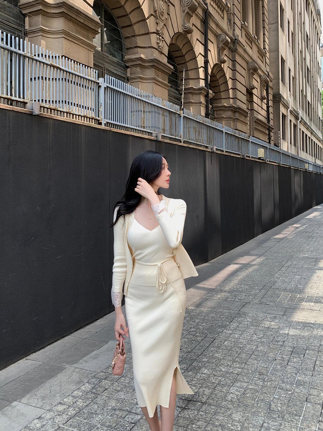 (3color) 피오니 레이스 니트 쓰리피스 셋업