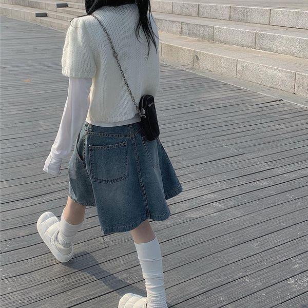 핀타 데님 플리츠 미디 스커트