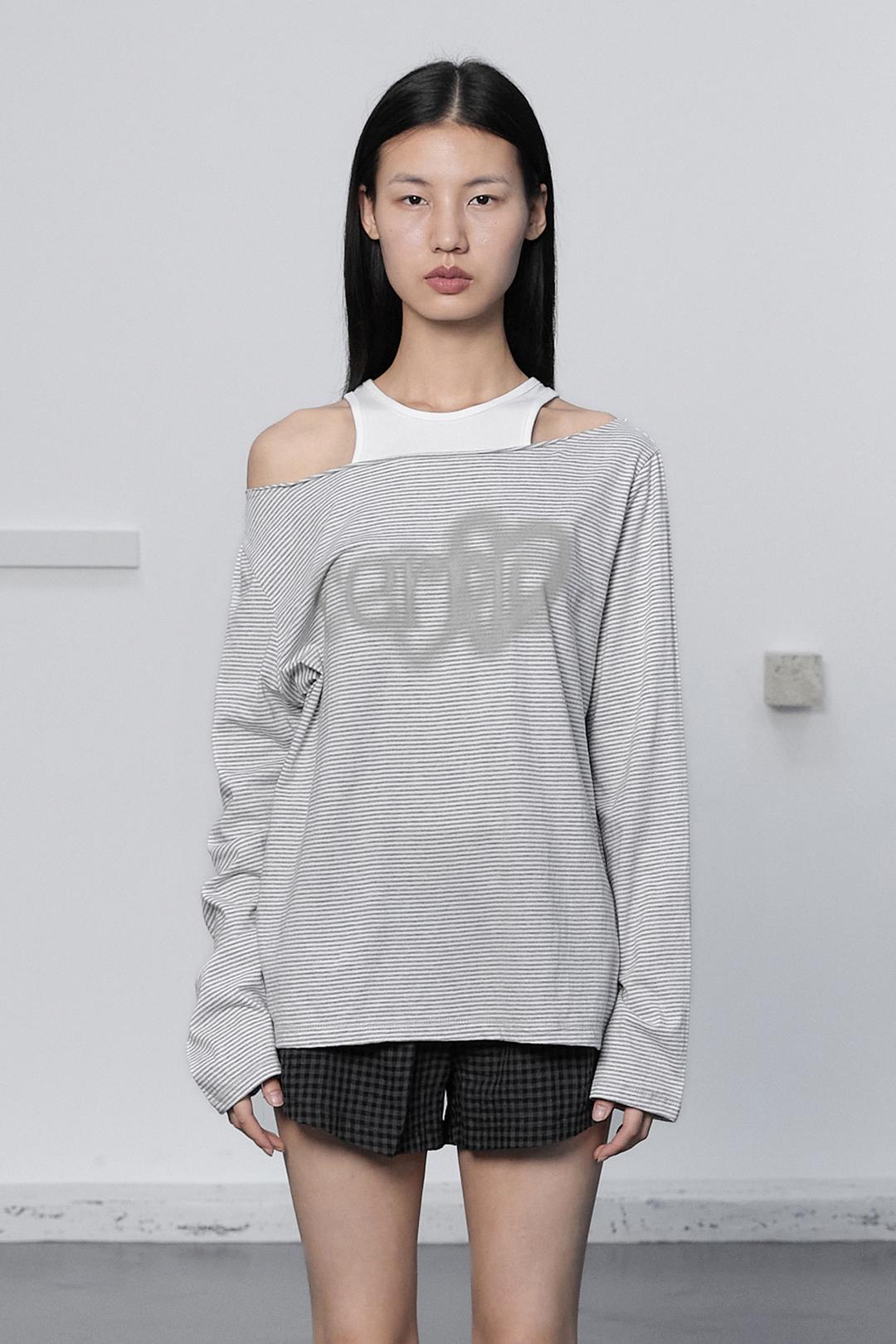 STRIPE HEART BOAT NECK TOP / GRAY