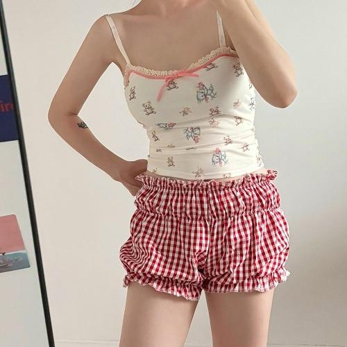 피치스튜디오 [호박반바지] 깅엄 체크 벌룬 마이크로 숏 팬츠 반바지 마이크로쇼츠 밴딩 블루머 / 잠옷 홈웨어 수영복 커버 (레드 블랙)