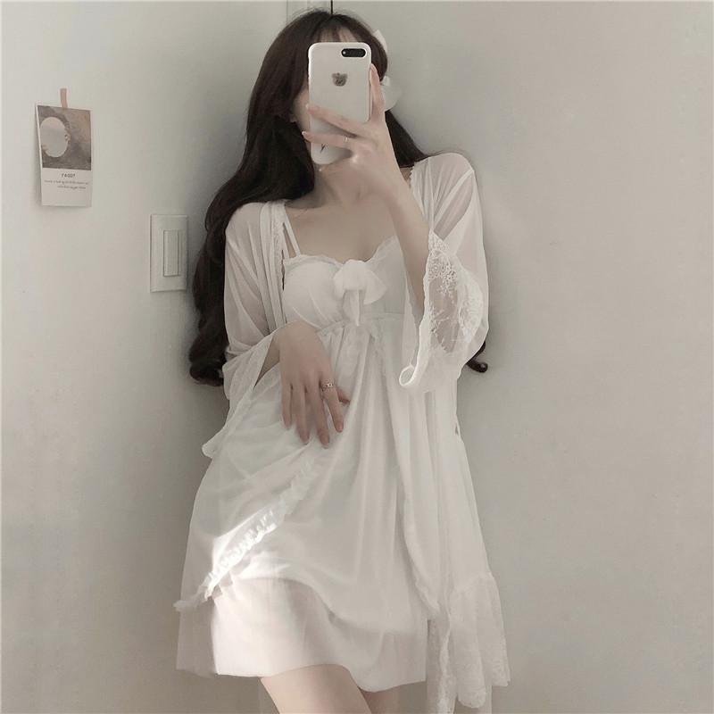 ♡31차오더/주문폭주/인기폭발♡ (가운+ 원피스 세트) 화이트 쉬폰 레이스 섹시 브이넥 리본 서스펜더 끈나시 민소매 원피스 잠옷 파자마 홈웨어 가운 로브