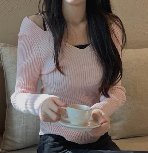 영잉 [고퀄/유사품주의] 발레코어 연말룩 골지 오프숄더 연습 핑크니트