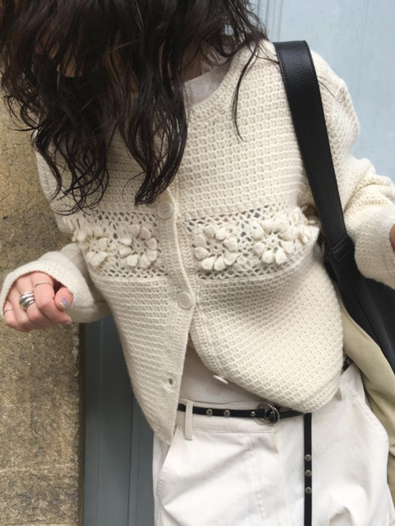 느루아 고퀄리티 핸드메이드 울 니트 브리드 플라워 코사지 와플 가디건 3컬러