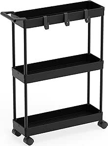 Simple Houseware 3-Tier Slim/Super Narrow Kitchen Cart with Handle, Hooks and Storage with Shelves, Black