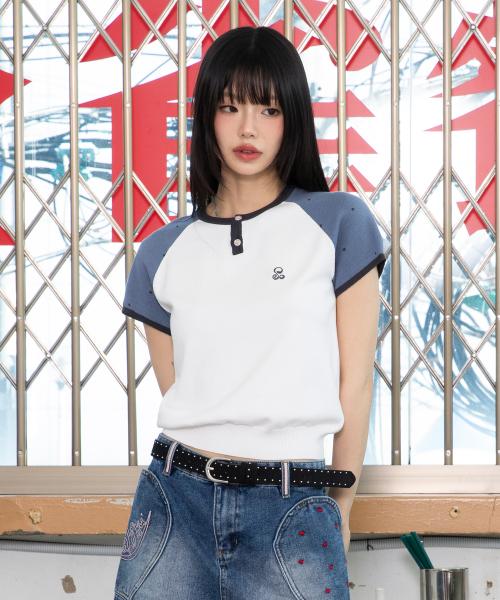 WXK019 도트 래글런 배색 반팔 니트 (WHITE)