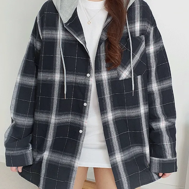 [L~3XL/봄남방]오버핏 캐주얼 빅사이즈 체크 후드 셔츠 남방