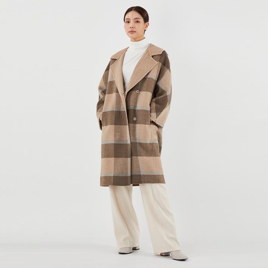 체크 후드 롱 코트 (BDHRX2624)