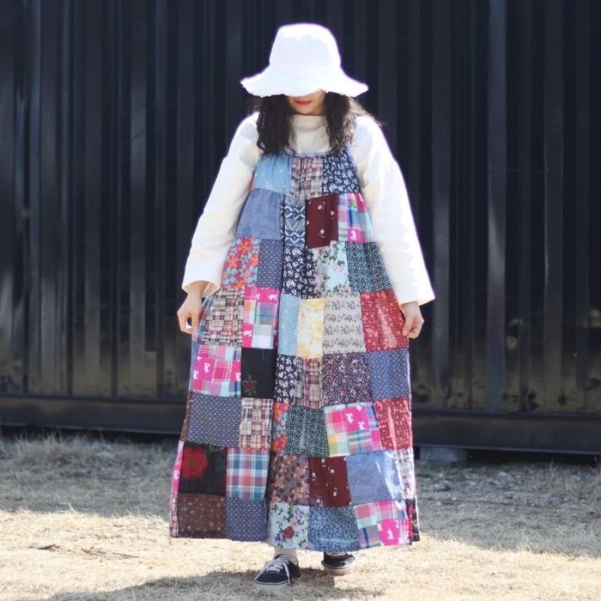 빈티지 패치워크 롱 원피스 뷔스티에 나시 체크 빈블 위드윤 바온 치마