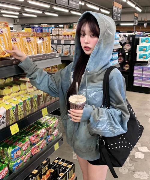 [0112] 빈티지 워시드 스터드 로고 집업 후디 - 더스티 틸