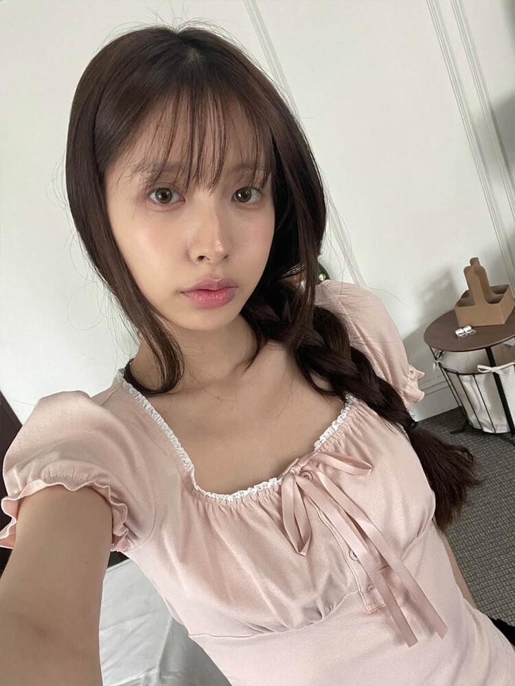 사토미라디오 Puff shirring lace top